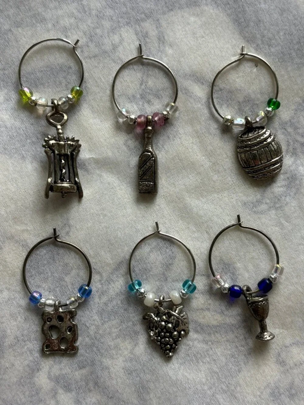 Set of Six Winery-Themed Wine Glass Charms w/ Colored Beads